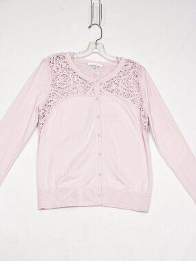 CAbi Sweater Women's Button Cardigan Lilac Lace Yoke Ribbed Knit Long Sleeve MED